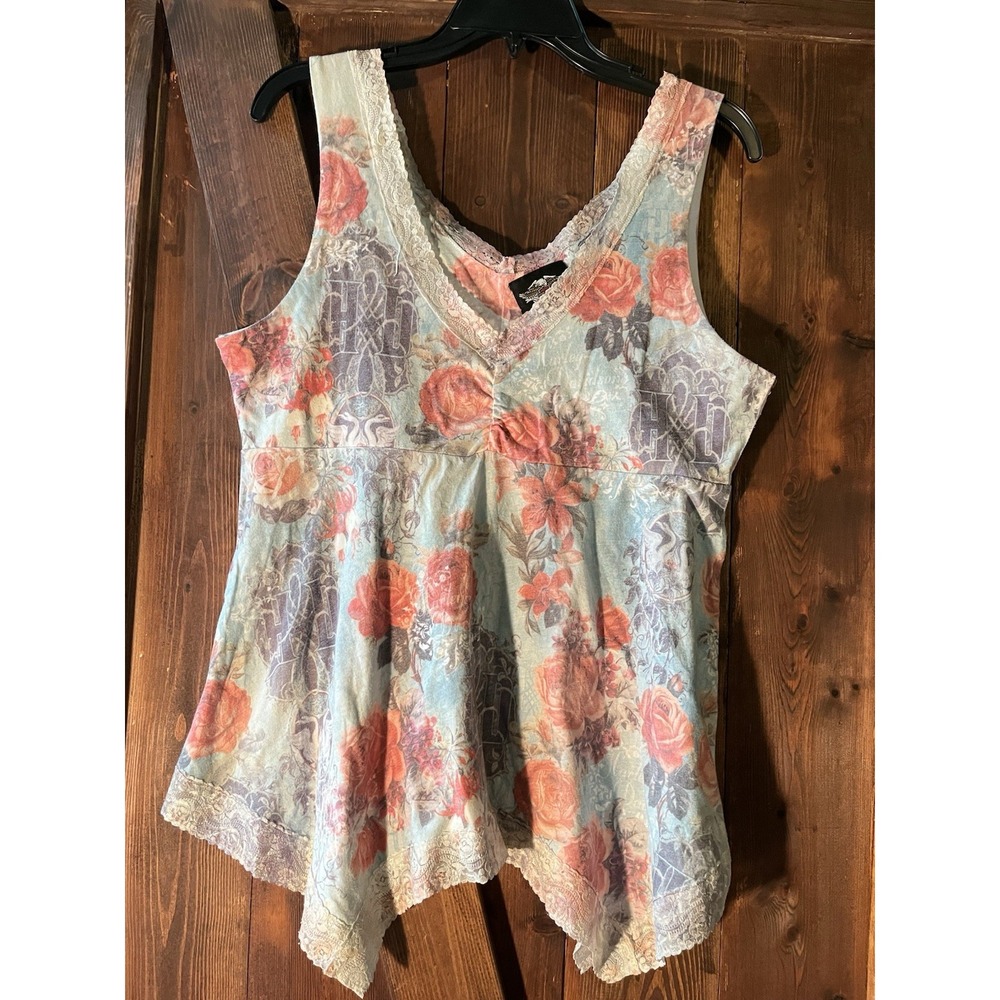 Vintage Harley-Davidson Tank Top M Women's Floral Lace Border Biker Romance
